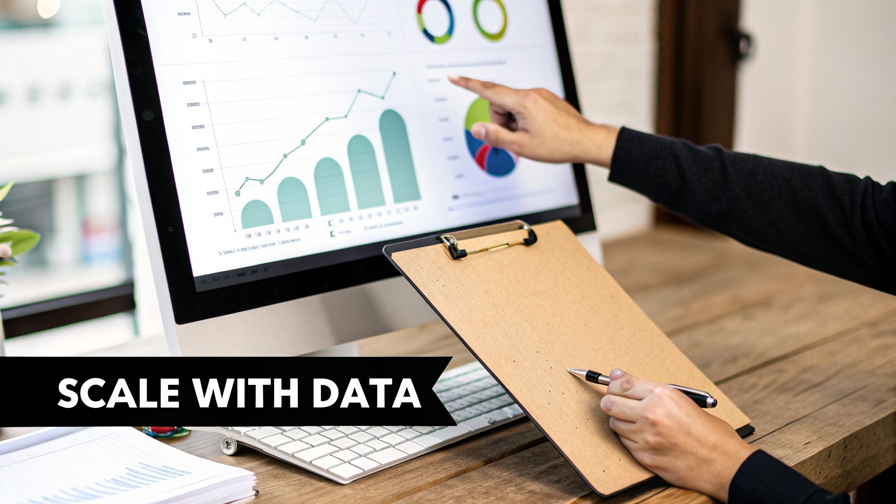 A person's hand points at a pie chart on a computer screen displaying data visualizations.