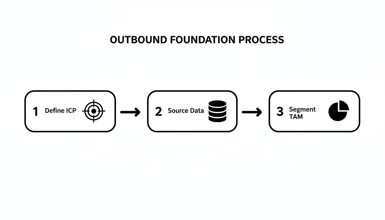 A flowchart titled 'Outbound Foundation Process' showing three steps: Define ICP, Source Data, and Segment TAM.