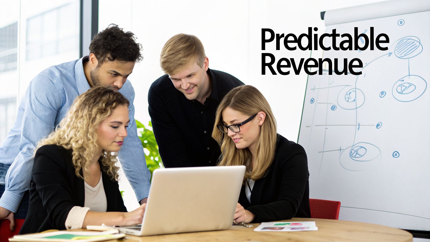 Four diverse business professionals collaborate around a laptop, discussing 'Predictable Revenue' strategy.