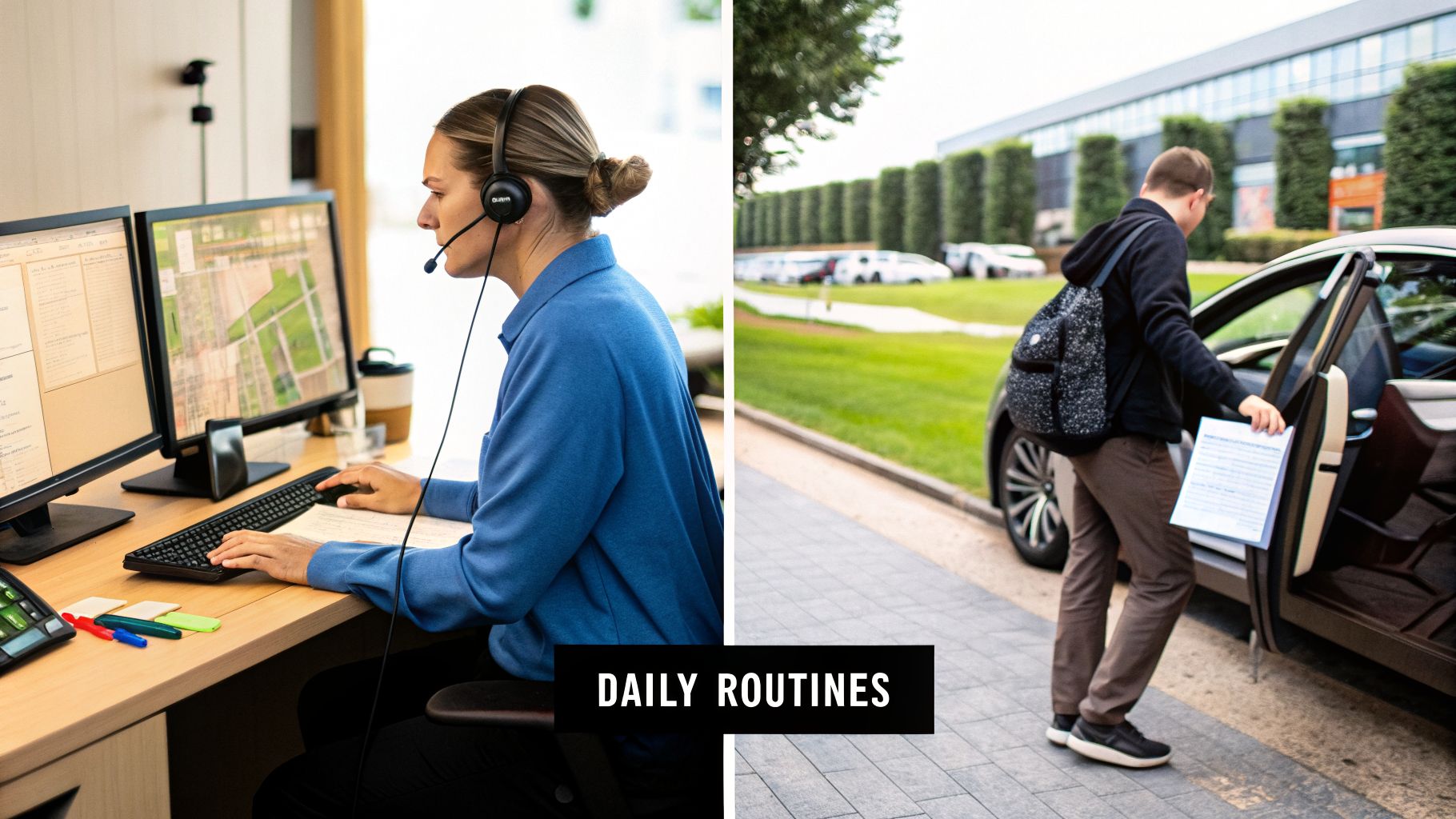 Split image shows daily routines: a woman working on computers and a man entering a car.