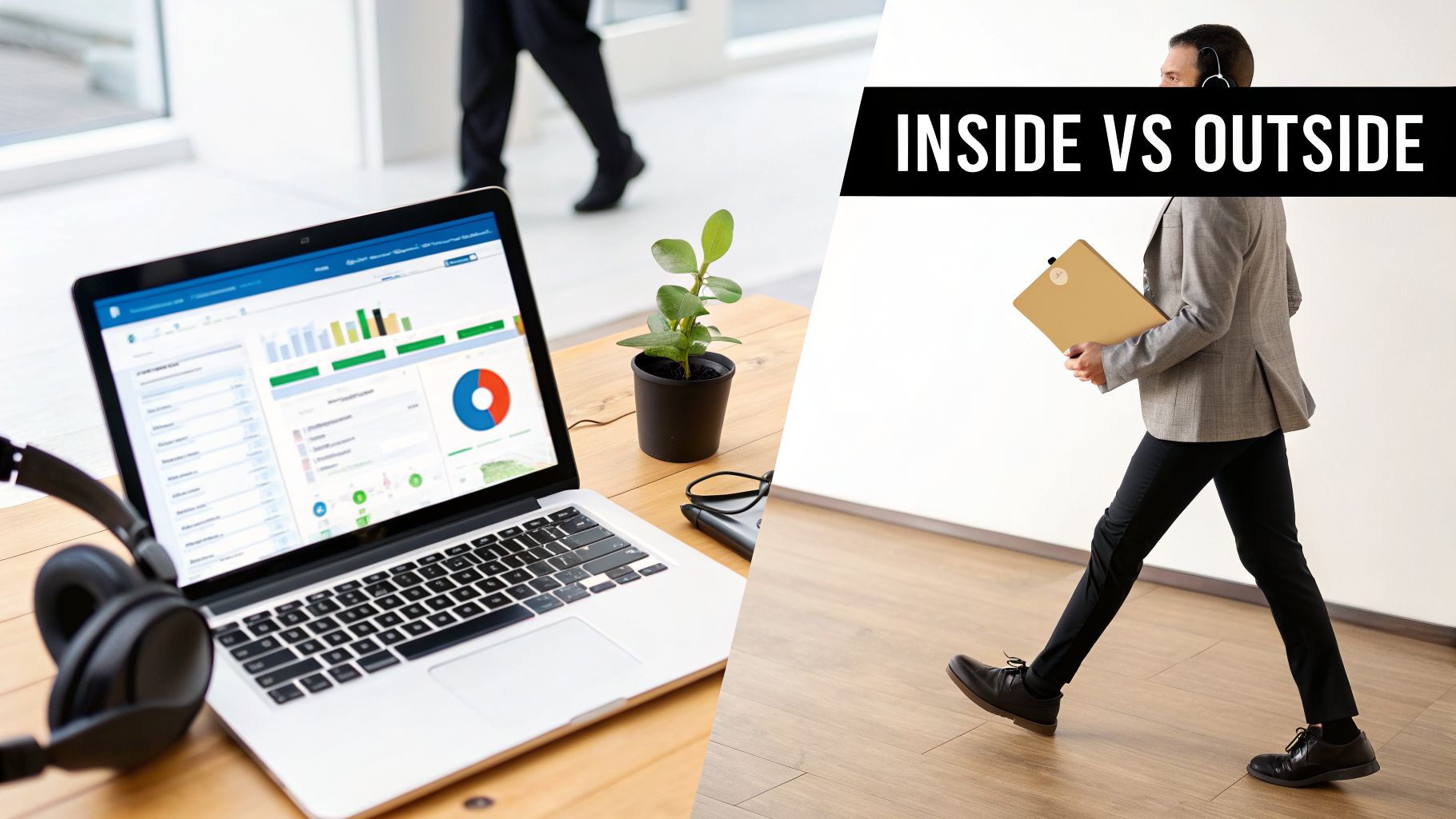 A split image contrasting an office laptop setup for inside sales with a walking professional representing outside sales.