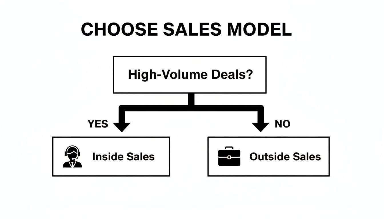 Flowchart diagram explaining how to choose between inside sales and outside sales based on high-volume deals.