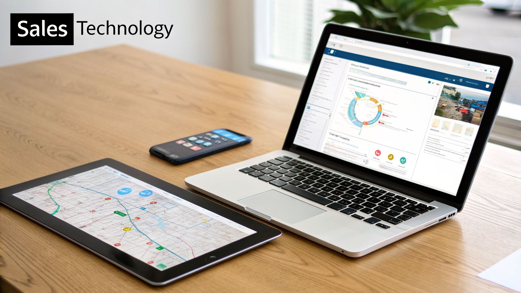 A laptop, tablet with a map, and smartphone on a wooden desk, symbolizing sales technology.