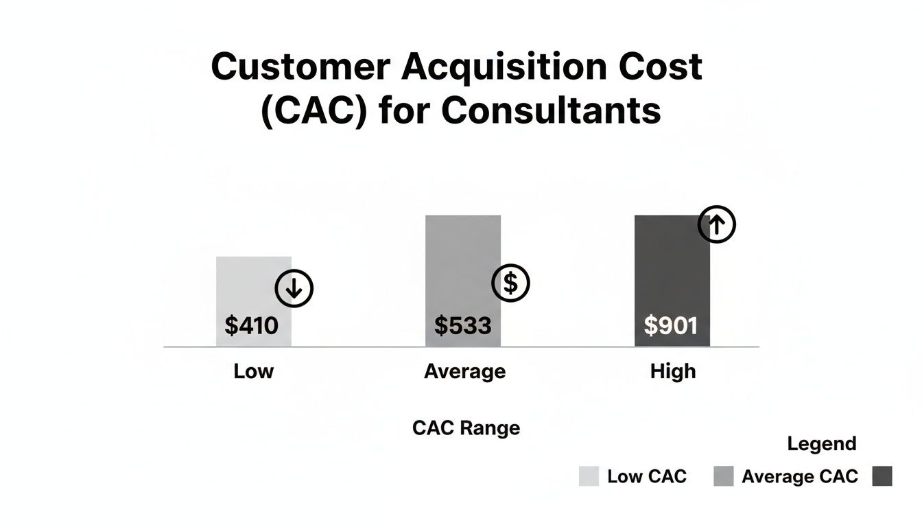 Bar chart illustrating Customer Acquisition Cost (CAC) for consultants, showing low, average, and high ranges.