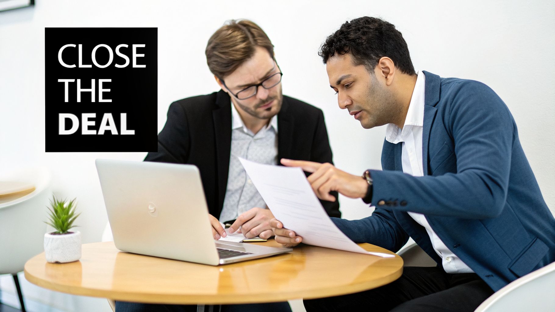 Two business professionals discussing documents and a laptop, with 'CLOSE THE DEAL' text overlay, symbolizing a successful transaction.