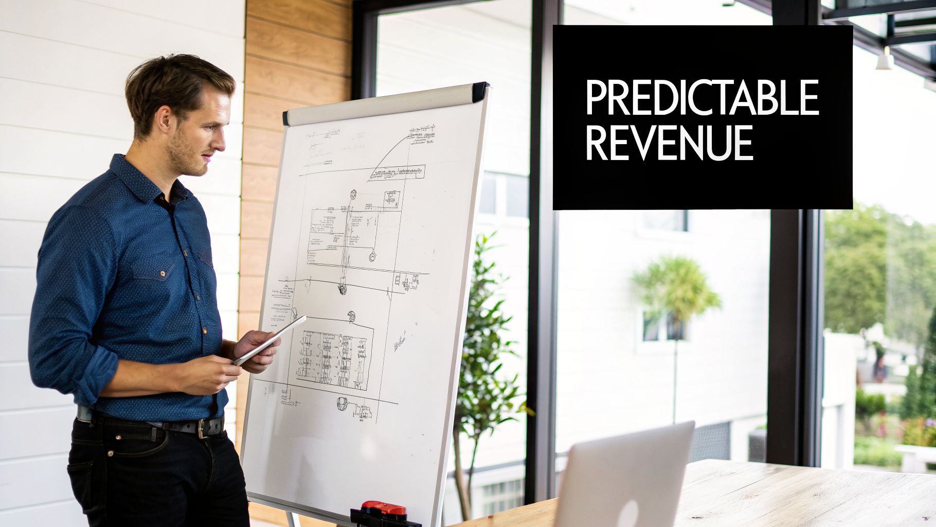 A man in a blue shirt presents a business diagram on a whiteboard, holding a tablet, with 'PREDICTABLE REVENUE' text.
