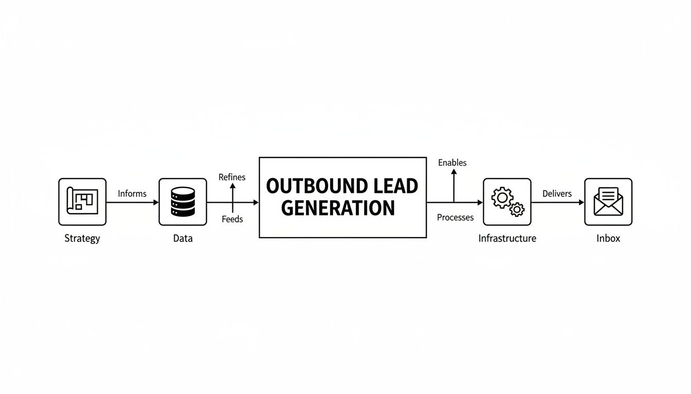 Flowchart detailing the outbound lead generation process, from strategy and data to infrastructure and inbox delivery.