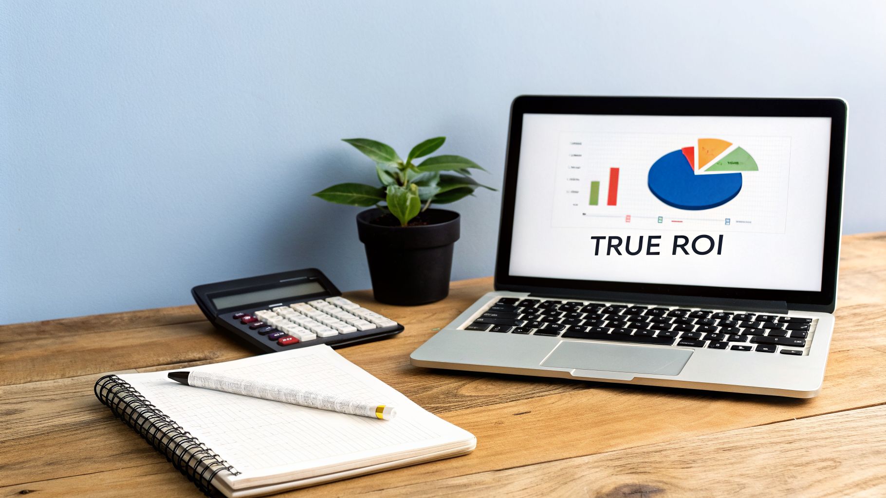A laptop screen shows a 'TRUE ROI' graph next to a calculator, plant, and notebook.